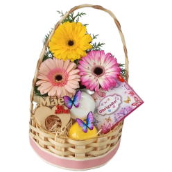 Cesta Gerberas Kit Sabonete e Cartão dia Mães